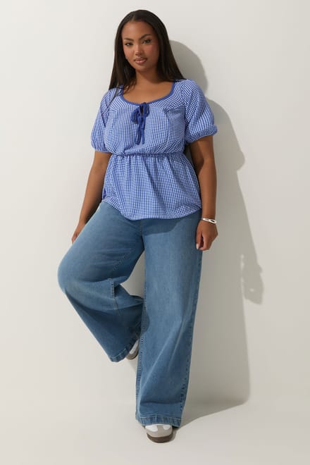 Limited Collection Top Met Ginghamprint En Striksluiting In Kobaltblauw Size 48