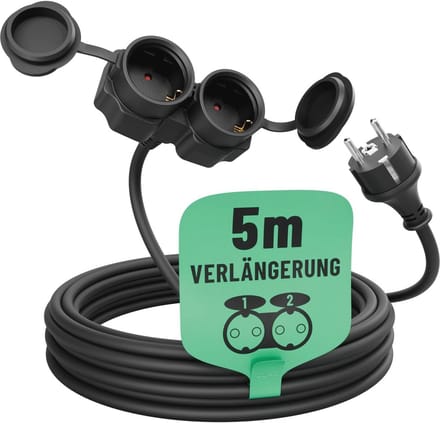 2-voudige waterdichte verlengkabel voor buiten - 5 meter, 3500 W, IP44