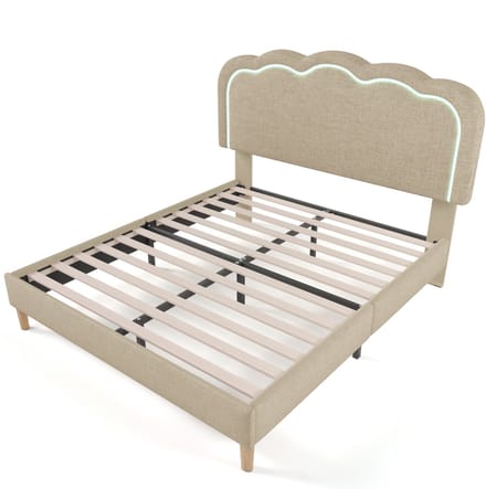 Gestoffeerd Bed LED tweepersoonsbed 140 x 200 cm, Bedframe met Lattenbodem en Verstelbaar Hoofdeinde, Beige, Bedframe, Fluweel