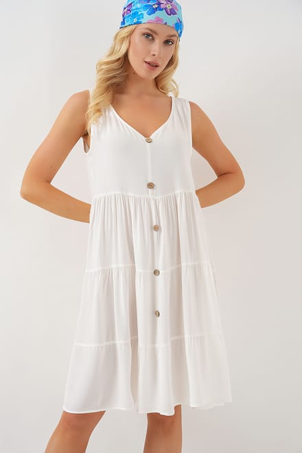 V-hals Mouwloze Mini Jurk met Knopdetails