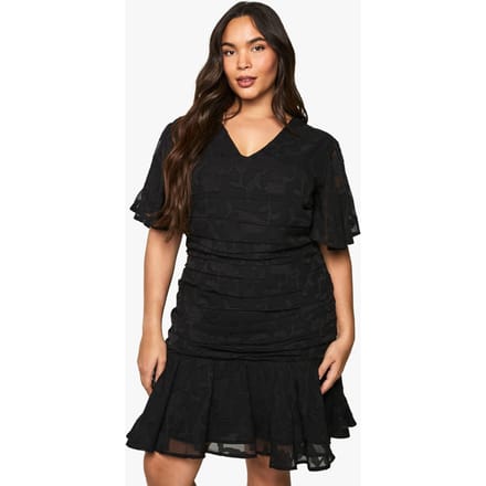 boohoo Dames PLUS JAQUARD FLORALE GERIMPELDE FRILL ZOOM MINI JURK | Black | Maat: 28