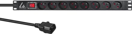 19" rackmount stekkerdoos, 1U, 2m, 10A met 8 x Franse Type E Schuko stopcontacten, C14 stekker
