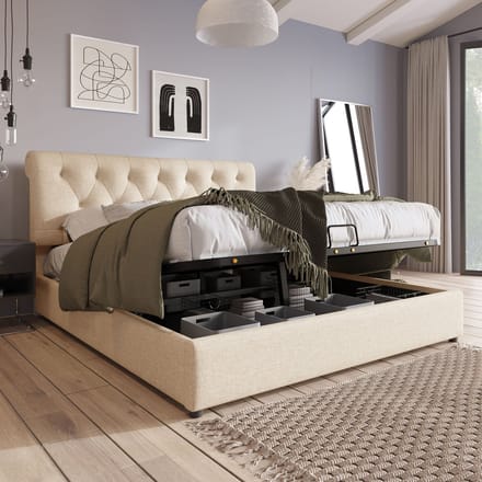 REDOM Bedframe 160x200 cm – Linnen naturel – Met hydraulische opbergruimte & verstelbaar hoofdeinde