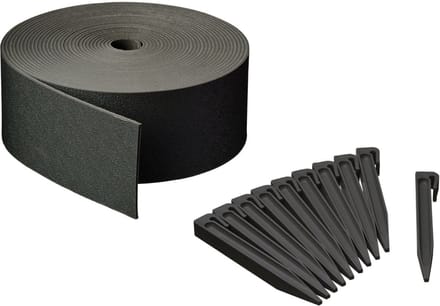 Bordure de jardin - NATURE - Noir - PE recyclé, épaisseur 3 mm - H7,5 cm x 10m - 10 Ancres noires - H19,5x 1,9x 1,8cm