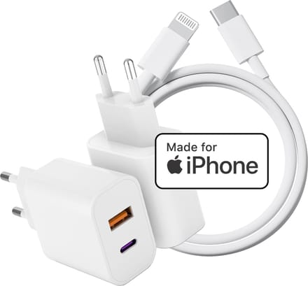 Snellader 2 Poorten met usb-C naar Lightning Kabel - Apple MFI Gecertificeerd - Oplader Geschikt voor iPhone - Usb C Adapter