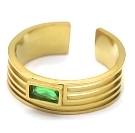 Ring met Lijnen - Zirkonia - RVS - One Size - Goudkleurig en Groen
