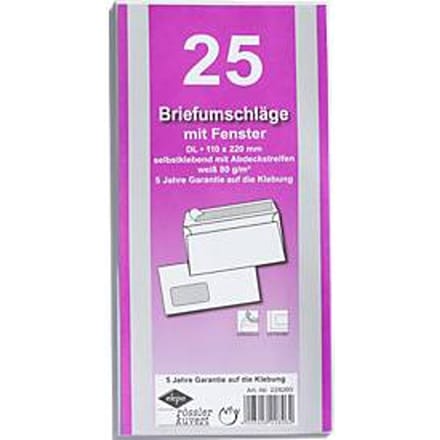 Enveloppen, 110 x 220 mm (DL), met venster links, klevend, pak van 25 stuks
