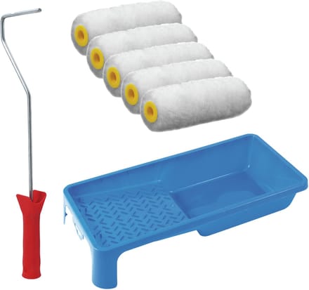 Sorex pluisvrije verfrollers schilderen set - met beugel en verfbak - 5x vacht rollers - breedte 10 cm - dikte 4 cm