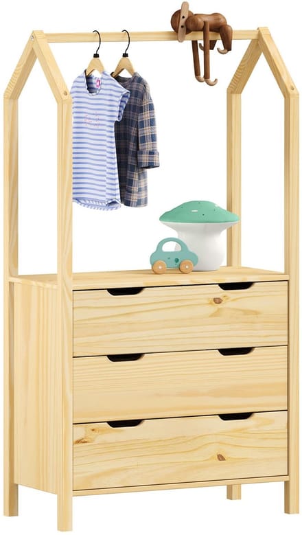 Kinderkamerladekast AMIRA met kledingstang - naturel