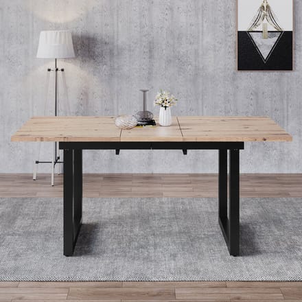 MODFU Uitschuifbare eettafel industrieel 140–180×80×75 cm MDF eikenlook zwart metalen onderstel