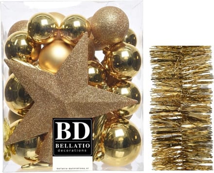 Kerstballen 5-6-8 cm 32x st met ster piek en slinger goud - kunststof
