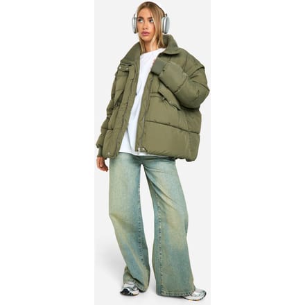 boohoo Dames Rib Collar Oversized Puffer Jacket | Khaki | Maat: 16