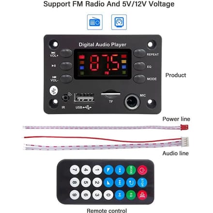 DC 5V 12V Bluetooth 5.0 MP3 Decoder Board Handsfree Auto Audio Microfoon USB TF FM Radio Mp3 Muziekspeler Luidspreker Met Afstandsbediening zwart
