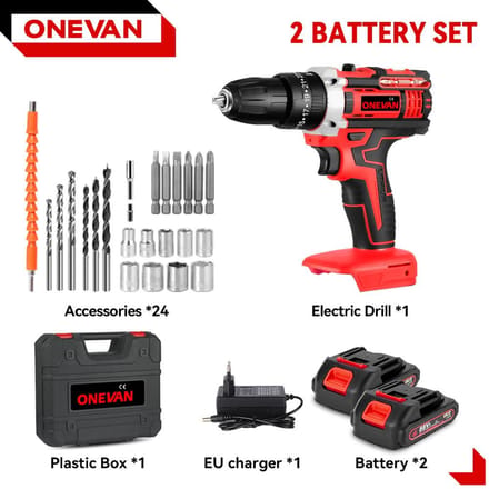ONEVAN 25+3 Couple Perceuse à percussion électrique Multifonctionnelle 2 Vitesses Perceuse à percussion sans fil Outil électrique Pour Batterie Makita 18V Broche 2Battery-Red B