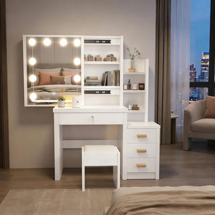 Kaptafel met Verlichting - Make-up Tafel - Dagelijkse Verzorging - Verschuifbare Spiegel - 80 x 36 x 135 cm - Wit