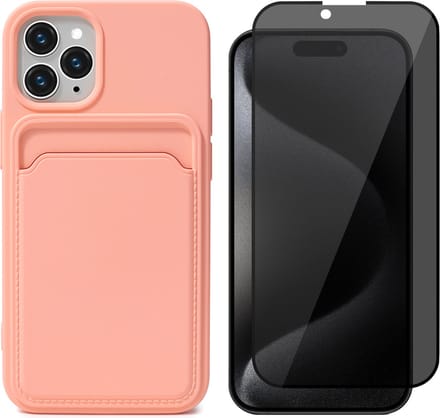 Hoesje Pasjeshouder geschikt voor iPhone 15 Pro Max - Privacy Screenprotector FullGuard - Siliconen Case Back Cover Roze & Screen Protector