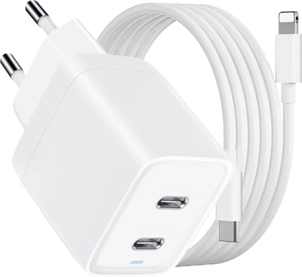Snellader geschikt voor iPhone / iPad - Lightning naar usb-C Kabel 2 Meter Lang - 45w - 2 Poorten - GaN - PPS Fast Charging - Wit