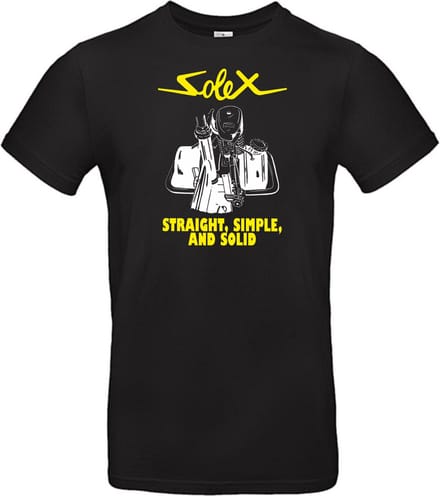 T- shirt zwart met opdruk Solex straight simple and solid maat L van Shirtmakelaar