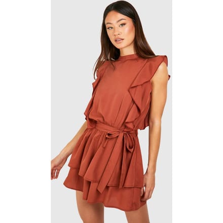 boohoo Dames Lange Geweven Ruffle Flippy Playsuit | Roest | Maat: 40