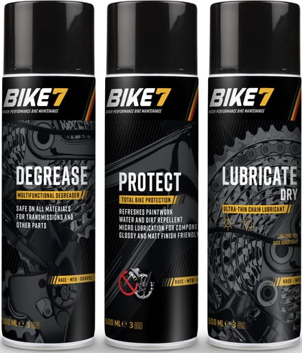 Bike7 "Voordeelpakket" Degrease 500 ml + Protect 500ml + Lubricate Dry 500ml