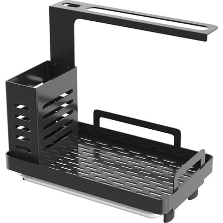 Organiseur d'évier de cuisine en acier inoxydable 304, support distributeur de savon, éponge, brosses et chiffons noir