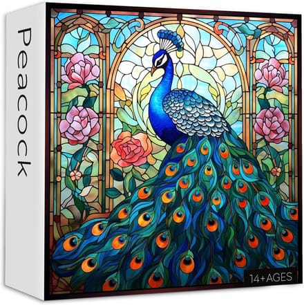 Pauw Puzzel - Glasmozaïek Kunst - Ontspanning Thuis - 1000 Stukjes - 60x60cm - Kleurrijk
