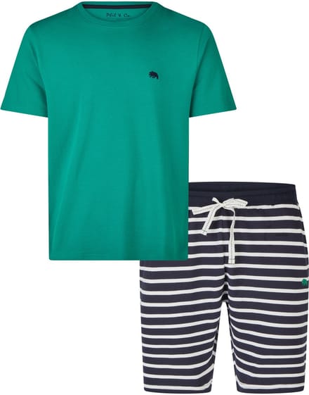 Phil & Co Heren Shortama Korte Pyjama Set Groen/Donkerblauw Gestreept - Maat L