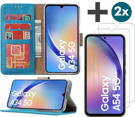 Samsung Galaxy A54 (5G) hoesje - bookcase met pasjeshouder + 2x Screenprotector tempered glass - Turquoise