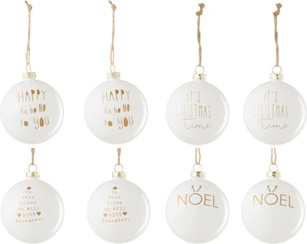 J-Line kerstbal 2+2+2+2 Tekst Kerstmis - glas - wit/goud - doos van 8