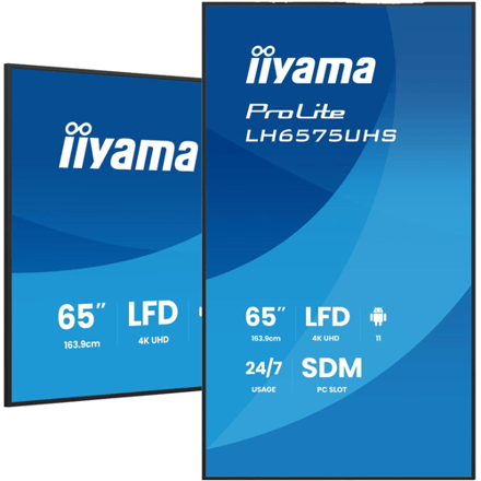 iiyama LH6575UHS-B2AG professioneel digitaal beeldscherm, 163,8 cm, 4K UHD, LCD, 500 cd/m², wifi, met Android 11, FailOver en Intel SDM slot, 24/7,