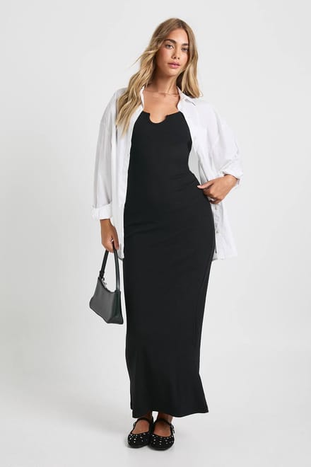 boohoo Dames Basic Rib Notch Maxi Jurk | Zwart | Maat: 38