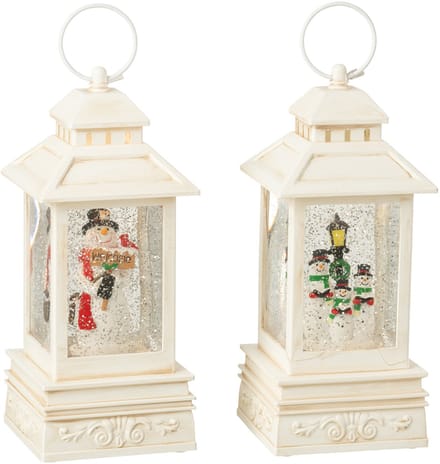 J-Line decoratie Waterbal Lantaarn Sneeuwman - kunststof - wit - 2 stuks