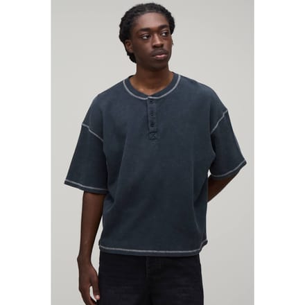 Oversized Boxy Acid Wash Waffle Henley T-Shirt | Charcoal | Size Medium