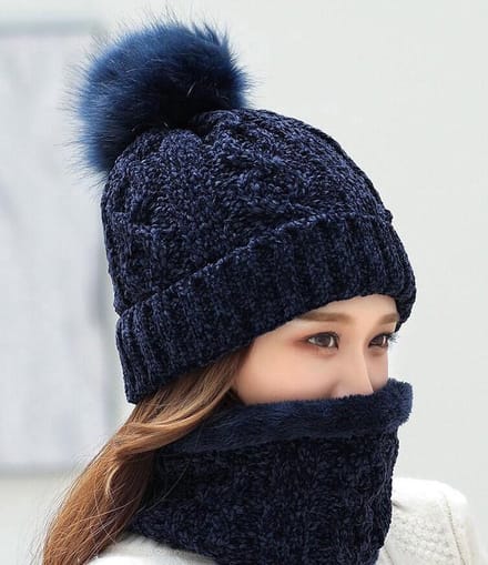 Set 2-Delig – Dames Muts met Fleece Voering + Colsjaal – Navy – Velvet