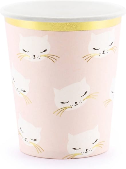 PARTYDECO - 6 kartonnen roze en witte katten bekers
