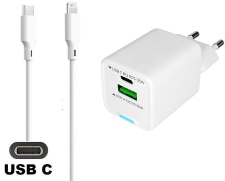 OneOne 35W super snellader met 2 poorten + 1,5m OneOne USB C naar Lightning kabel. PD lader. Oplader adapter past op Apple iPhone SE 2, iPhone 8, iPhone 8 Plus, iPhone 10, iPhone X, iPhone XR, iPhone XS, iPhone XS Max, iPhone 11