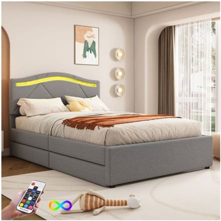 Lit - MUVOE - 90x200cm - Rembourré - Éclairage LED - 2 tiroirs de rangement gris
