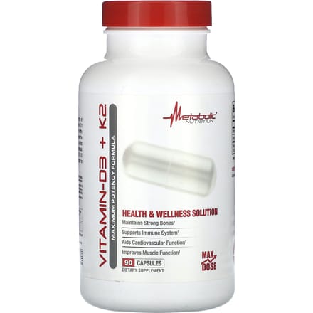 Metabolic Nutrition, Vitamine D3 + K2, Formule à Potence Maximale, 90 Capsules