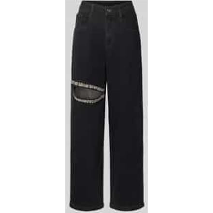 straight fit jeans met cut-out en sierstenen