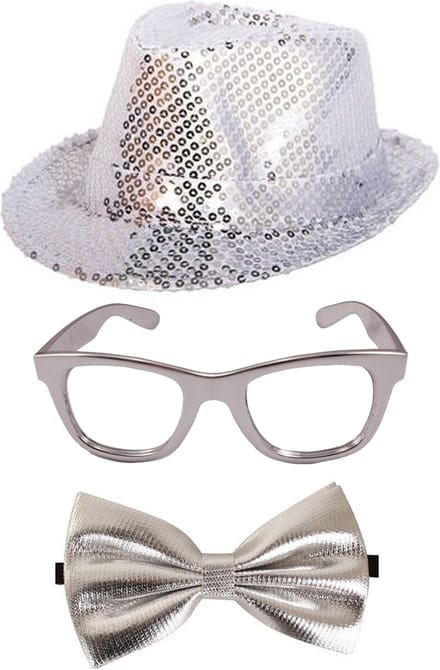 Folat Verkleedkleding set hoed/strikje/bril zilver glitter volwassenen