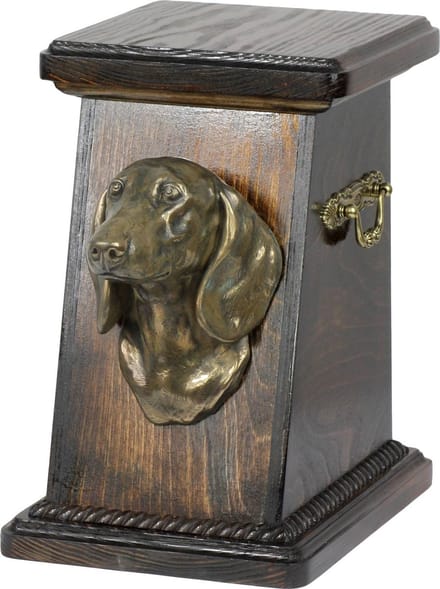 Elegante teckel urn met beeld voor hondenas, ter nagedachtenis