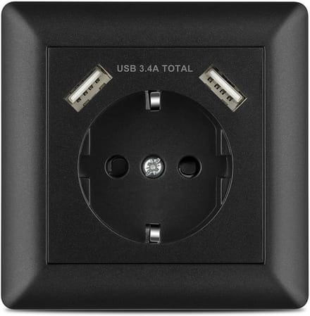 Inbouw Stopcontact Zwart met 2 USB Aansluitingen | Schuko Wandcontactdoos incl. Frame