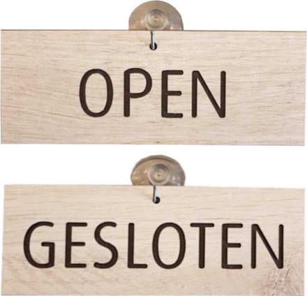 Bordje in houtlook met tekst open en gesloten. Inclusief zuignap