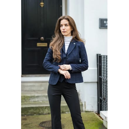 Marineblauwe getailleerde 2-delige set voor dames met tweed formeel blazervest