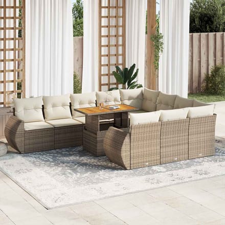 vidaXL - 11-delige - Tuinset - met - kussens - poly - rattan - beige