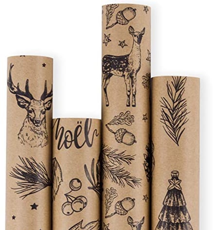 Kerst Inpakpapier Roll - Bruin Kraftpapier met Zwarte Kerst Elementen - 4 Rollen - 76cm X 305cm