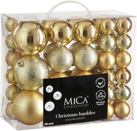 Mica Decorations Kerstballen Set Goud 46 Stuks - Onbreekbare Kerstballen van Kunststof - Diameter 4, 6 en 8 cm - Veilig voor Kinderen en Huisdieren - Kerstboomversiering - Goud