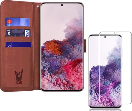 Hoesje geschikt voor Samsung Galaxy S20 - Screen Protector GlassGuard - Book Case Kunstleer Pasjeshouder Bruin & Screenprotector