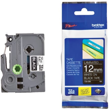 Brother TZe335 12mm (0.47") White on Black Label tape for P-Touch 8m