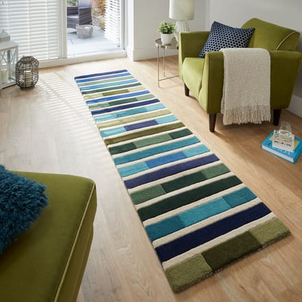 Flycarpets Loper Piano Modern Laagpolig - 100% Wol - Driehoek Vloerkleed - Groen / Multi - 60x230 cm